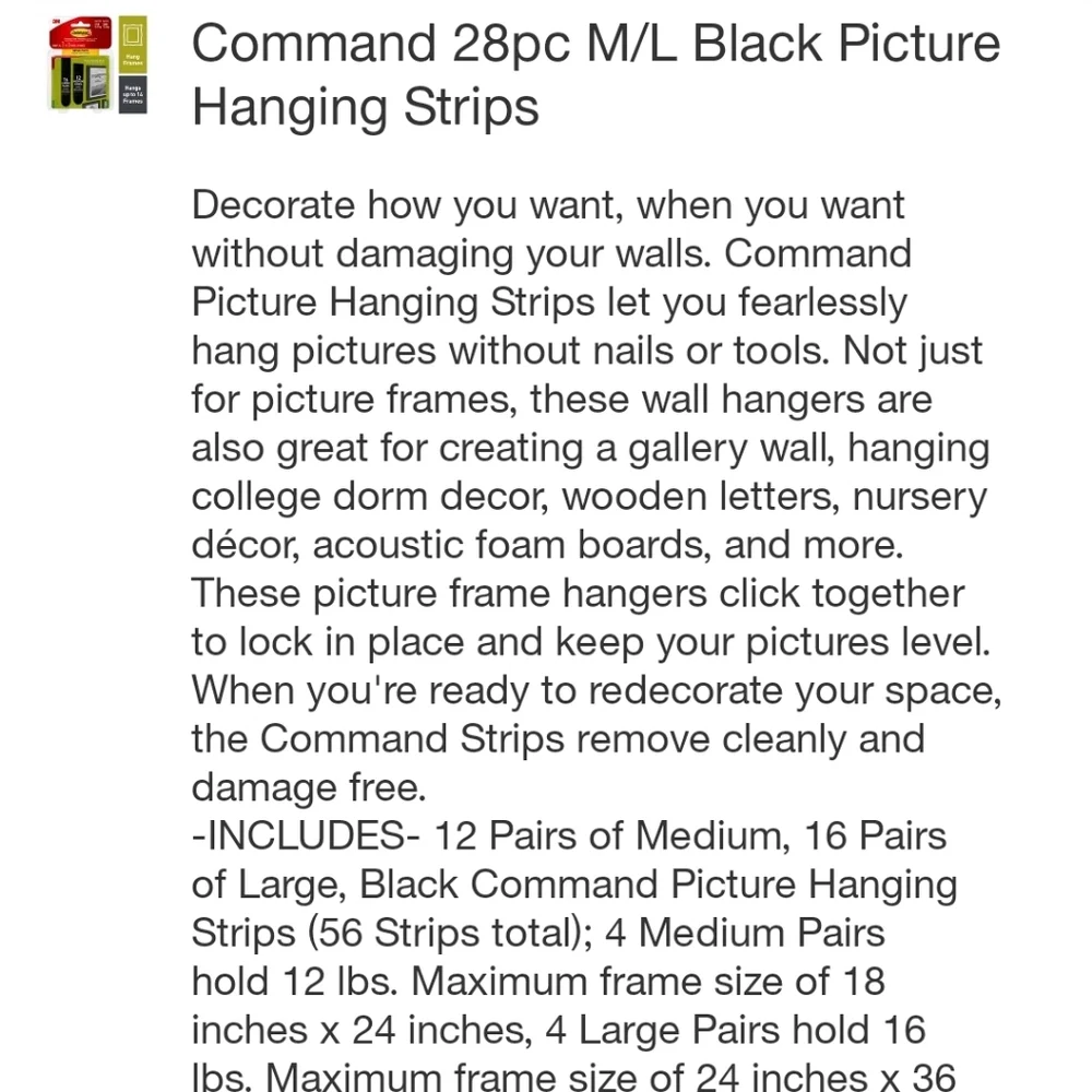 Command 28pc M/L Black Picture Hanging Strips